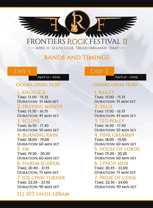 "Frontiers Rock Festival 2" Bands and Timings